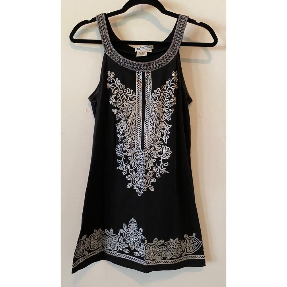 Papillon Mini Dress or Blouse Black Gray Embroidery & Sequins Sleeveless Medium